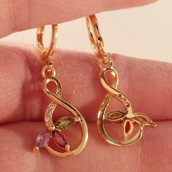 18K Yellow Gold Filled Flower Infinity Diamond Zircon Dangle Earrings Gorgeous - Picture 4 of 4